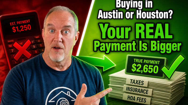 Mortgage calculator showing a low principal and interest payment next to the higher real PITI payment for a Texas home